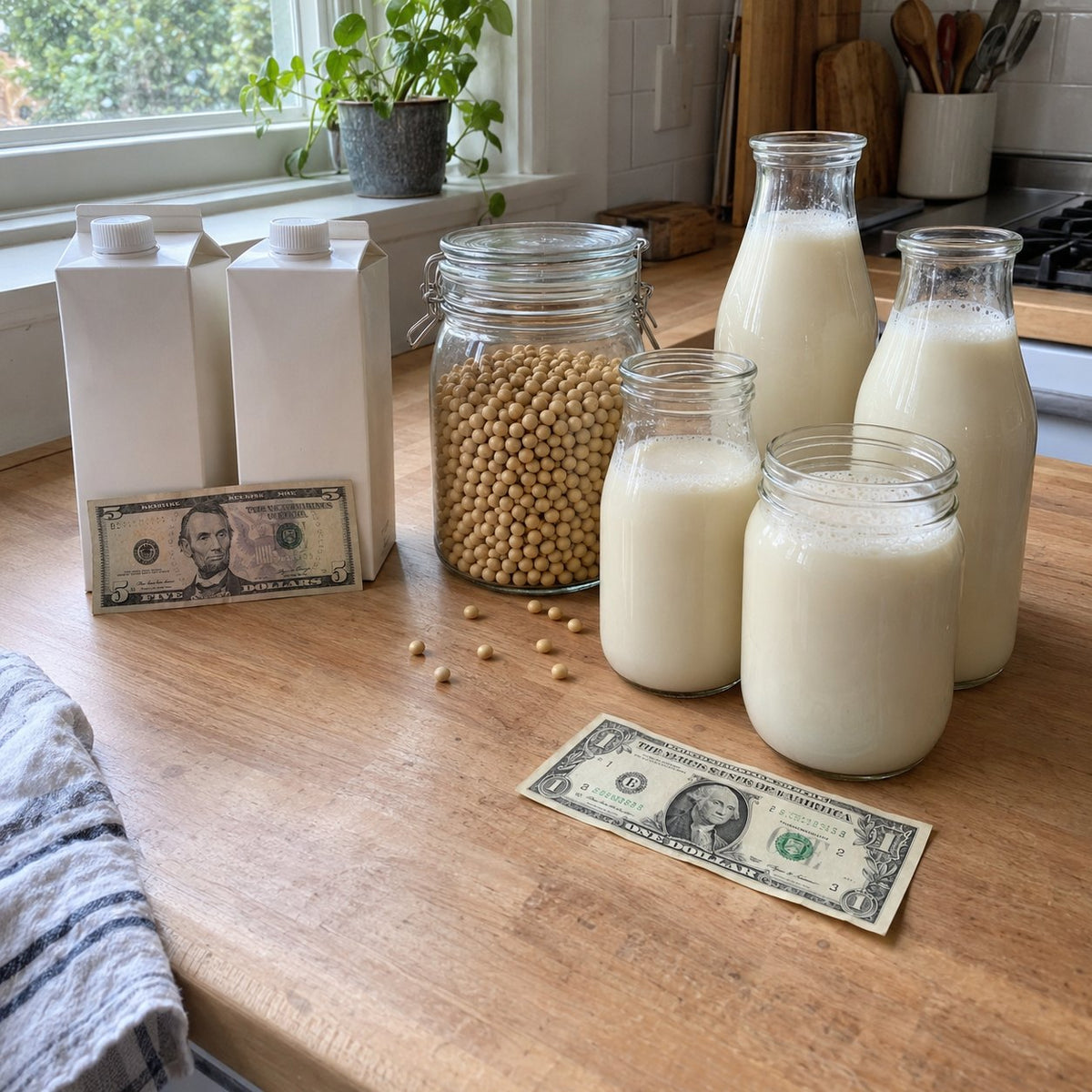 A jar of soybeans and jars of homemade soy milk next to two store-bought cartons, with a five-dollar and a one-dollar bill